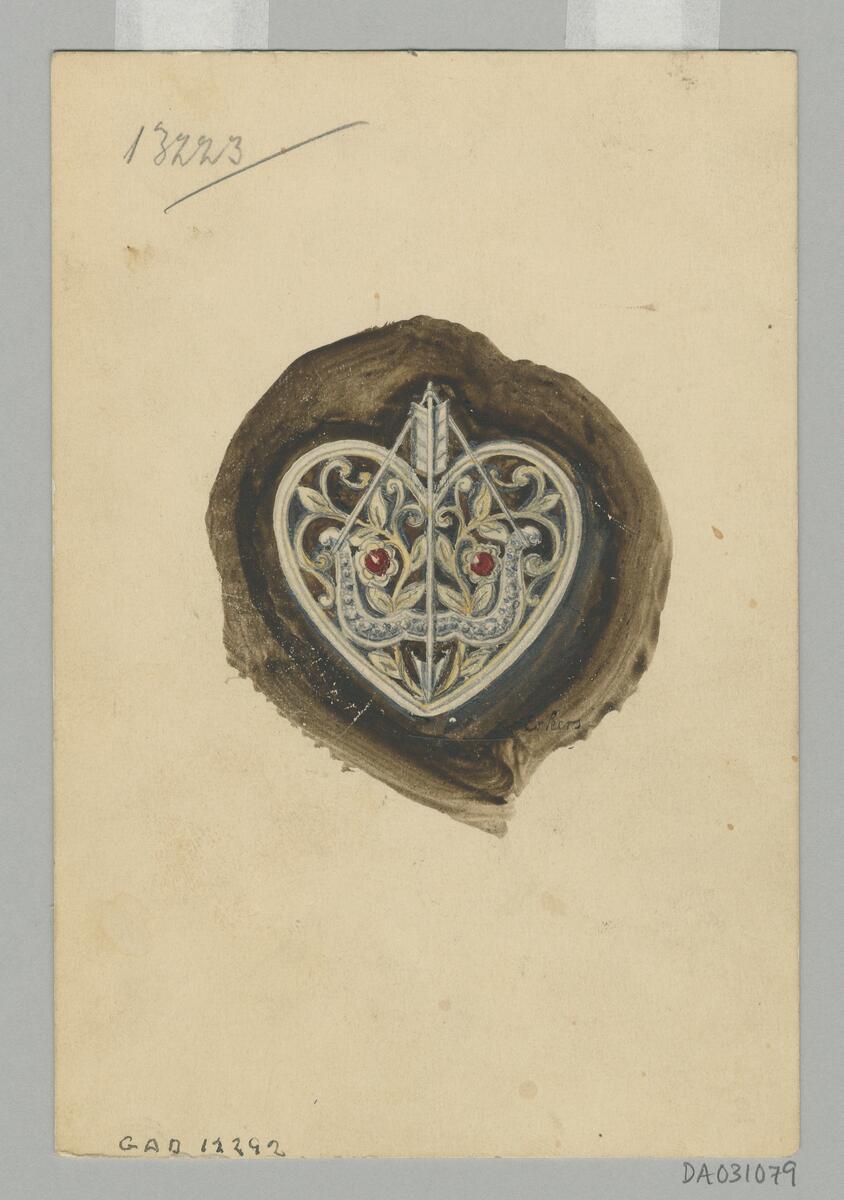 Skiss hjärtformat smycke med ax, blad och två infattade stenar Nr 12292 Noteringar