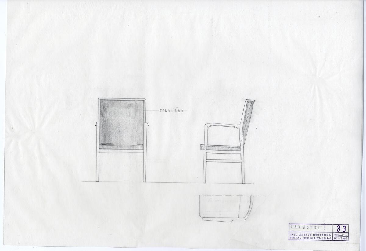 Skisser till inredningen av Bromma församlingshem   olika stolar, stapelstolar, soffor, taburett, talarstol, bord och bänkar. Även med planritningar av byggnaden och textilprover till möblerna.