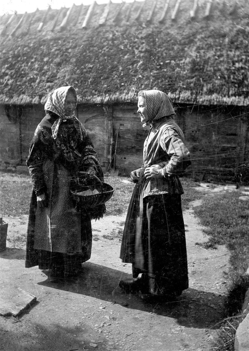 Charlotta, Severins syster, samtalar med en kvinna ute på gårdsplan. Charlotta står med handen i sidan (till höger). I bakgrunden syns en lada med stråtak. Björsgård.