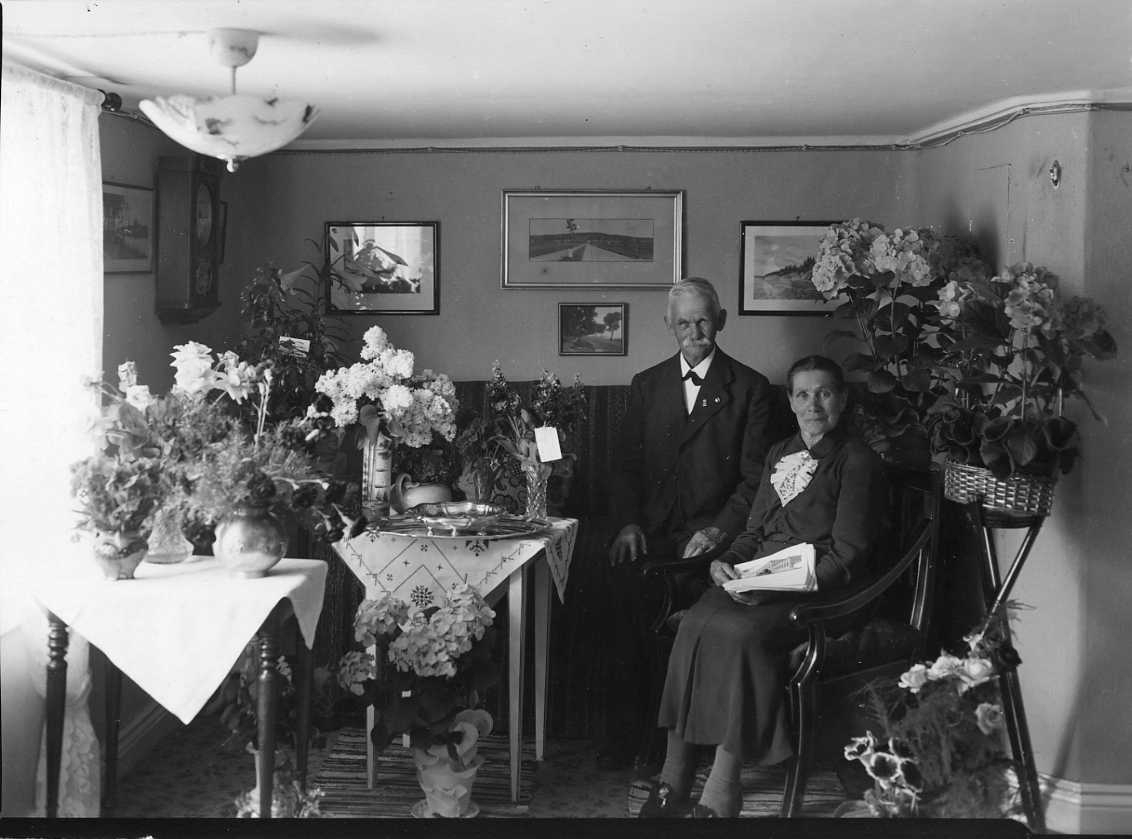 Ett äldre par i en hemmiljö. Mycket blommor på borden. Kvinnan håller möjligen i en bunt telegram.