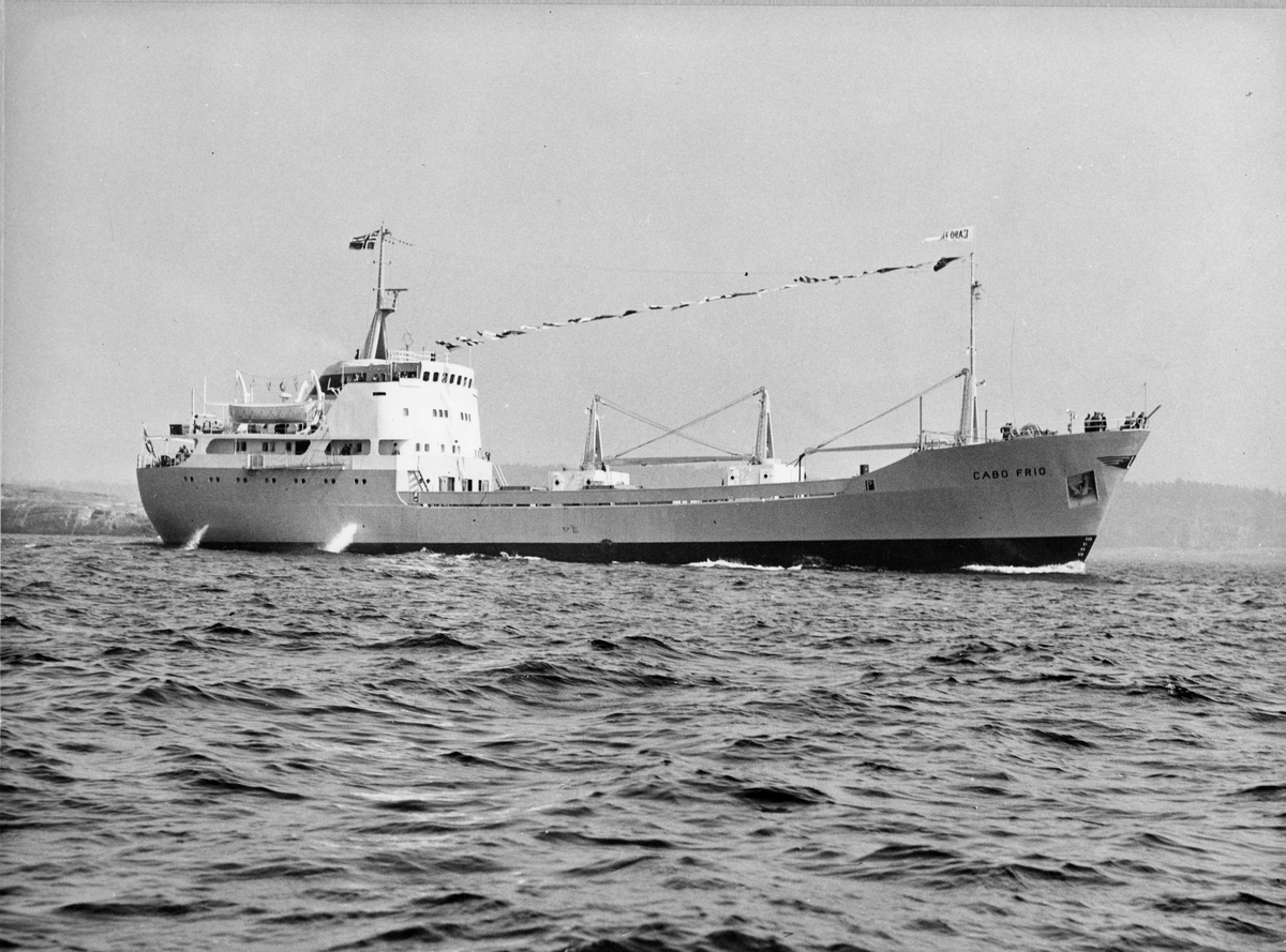 M/S "Cabo Frio, Bygg nr. 45 ved Langesund Mekaniske Verksted 1960. Rederi Ludvig Lorentzen Kristiania/ Oslo. Forlatt synkende syd for Mallorca 1982, etter lekkasje i marskinrommet.
