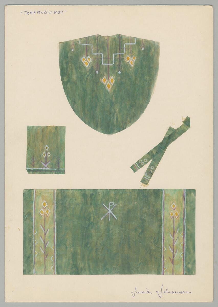 Skiss till mässhake stola och antependium med gröna schatteringar och mönster uppbyggt med stiliserade blomformer samt bokstäverna IPX