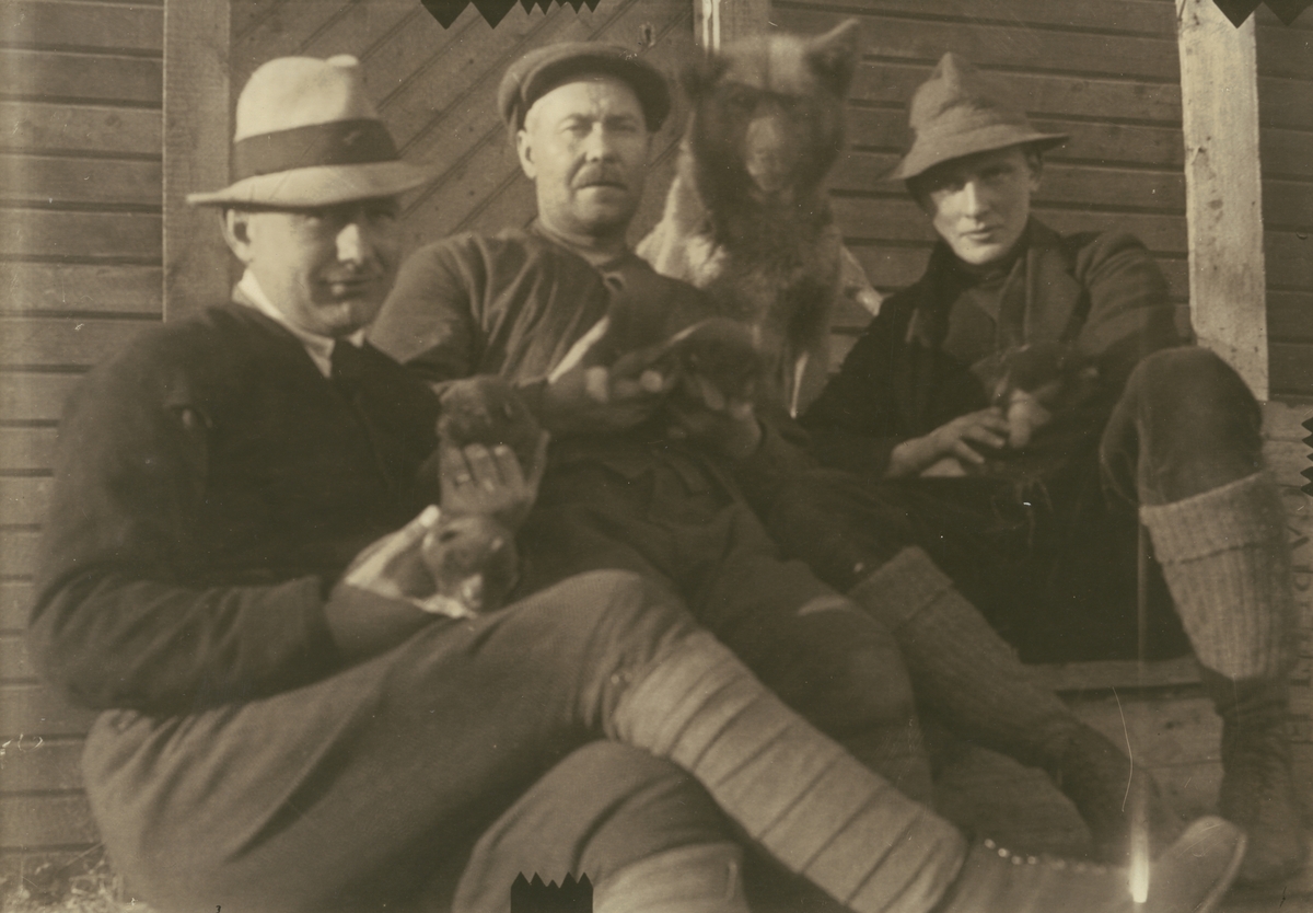 Fotografi från expedition till Spetsbergen 1920. Motiv av tre män och hudn som sitter på trappa. Männen håller i hundvalpar.