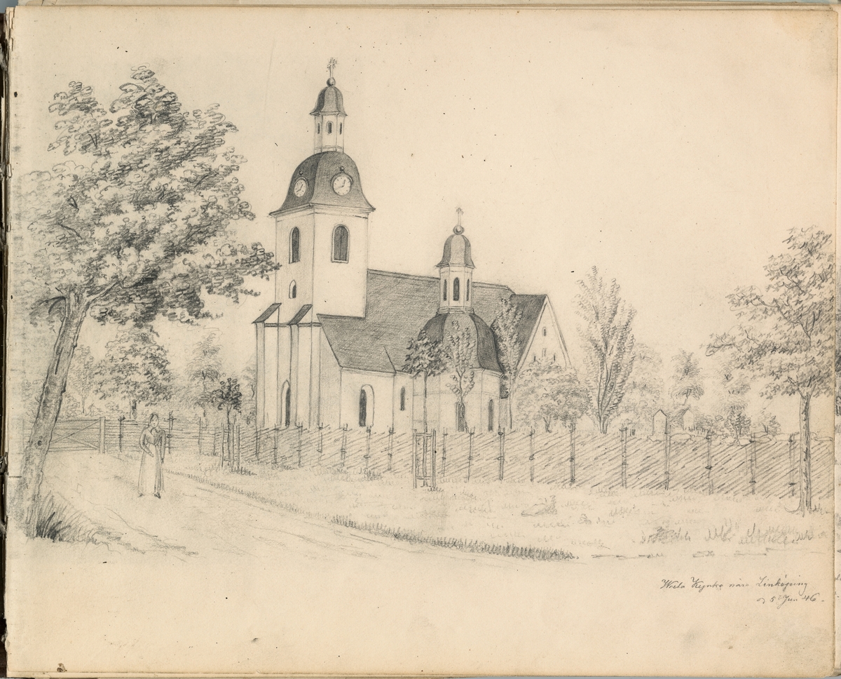 Blyertsteckning: Wreta Kyrka nära Linköping 5 juni 1846.

Ur ett halvfranskt band med blyertsteckningar och akvareller.