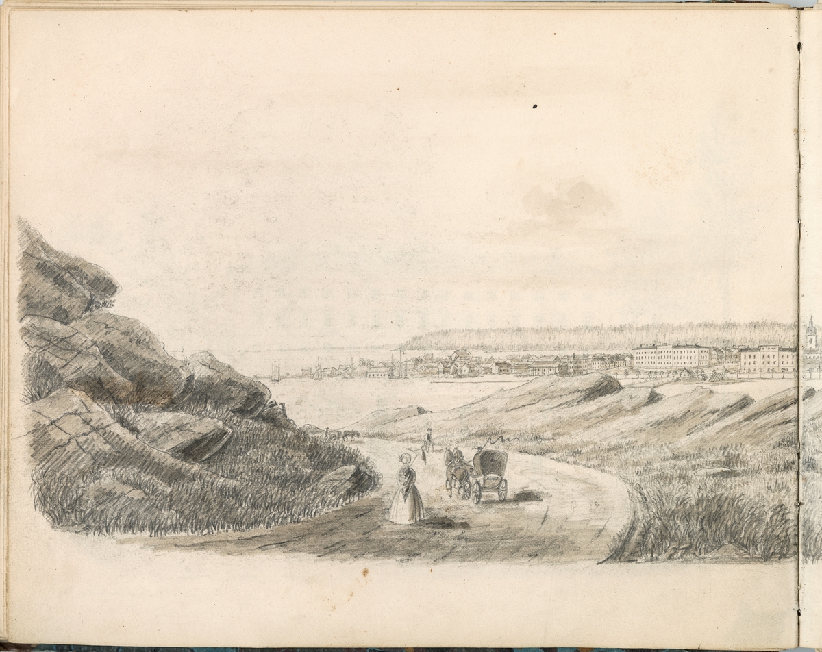 Blyertsteckning bruntonad med akvarell (dubbelblad): Wenersborg från Blåsut  Augusti 1848.

Ur ett halvfranskt band med blyertsteckningar och akvareller.