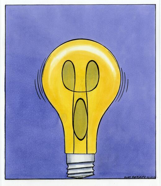 Tegning av en lyspære, der man ser at glødetråden gjør at pæra ser ut som Munchs "Skrik"