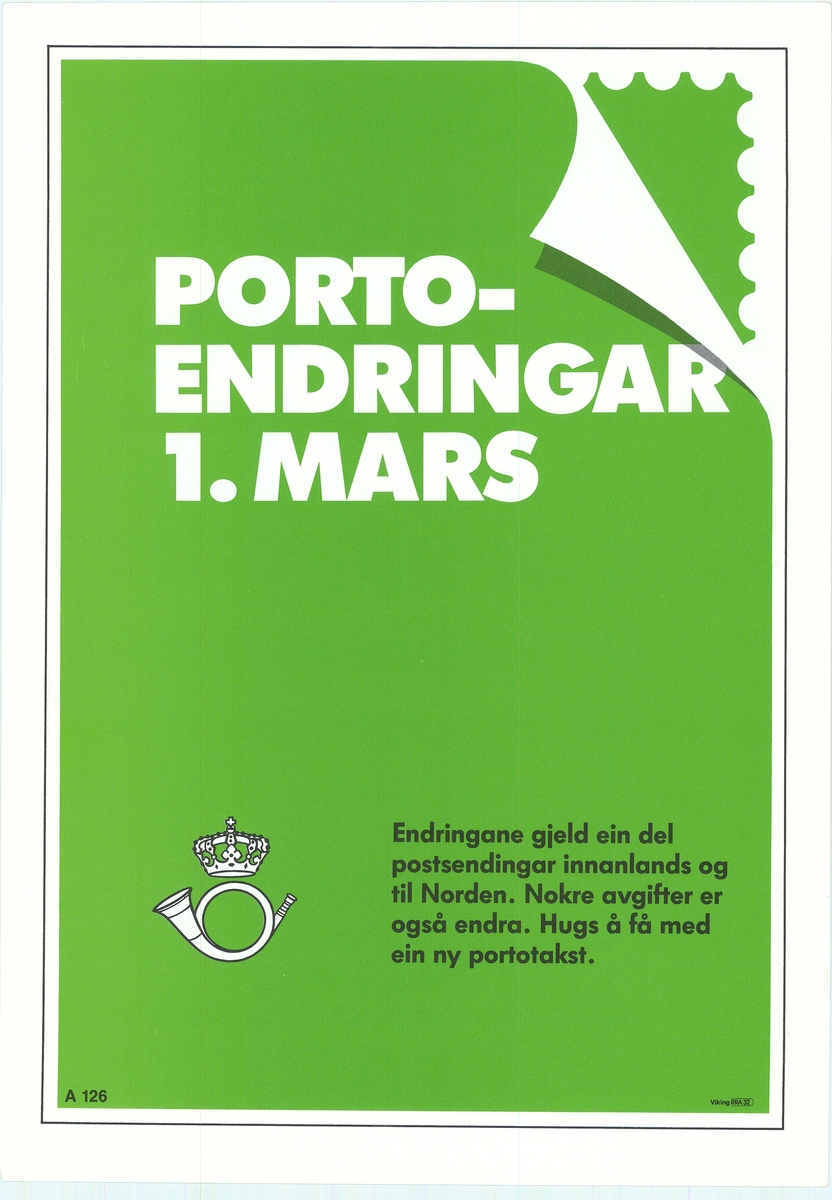 Tosidig plakat med tekst på bokmål og nynorsk. Hvit skrift på grønn bunn. Postlogo.