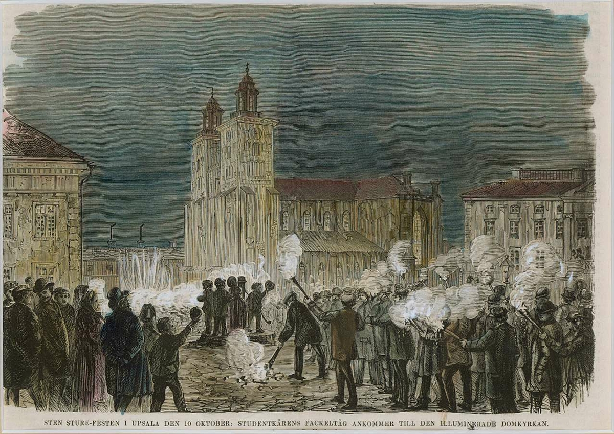 Människor med facklor samlade i Odinslund, i bakgrunden Gustavianum och Uppsala domkyrka, Uppsala 1800-tal