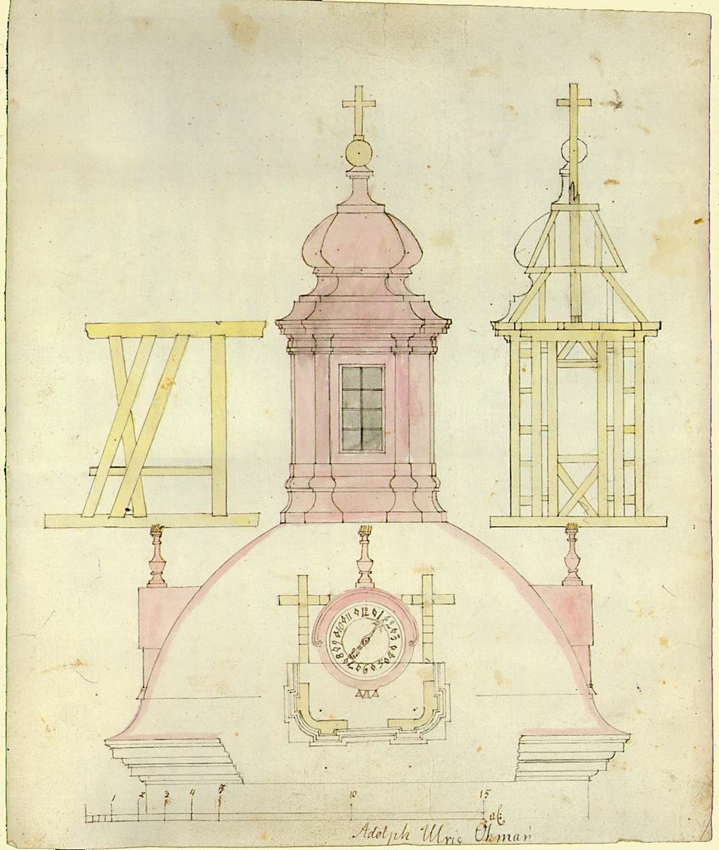 Ritning av kyrktorn med klocka och kors. Signerad Adolph Ulric Öhman.