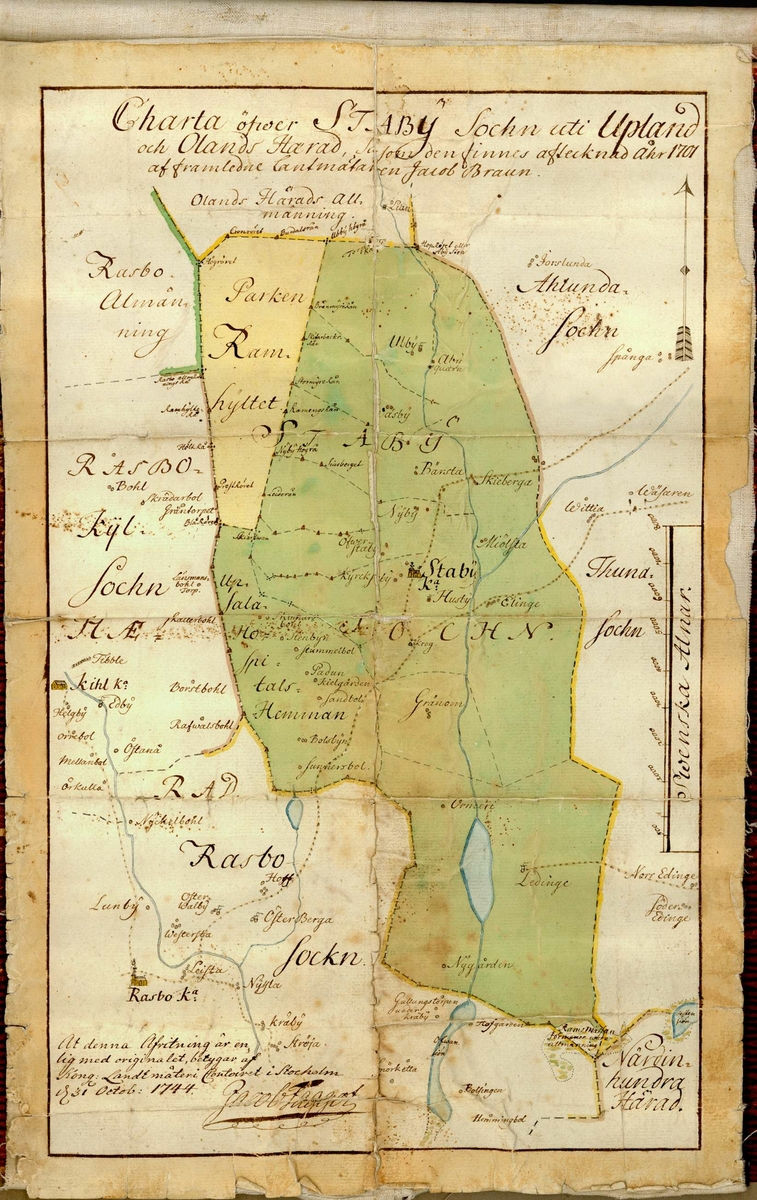 Karta. Uppfäst på vaxduk. Kolorerad. Visar Staby socken, Oland härad, Uppland. Tillverad 1701 av lantmätare Jacob Braun. Kopierad och godkänd 1744.