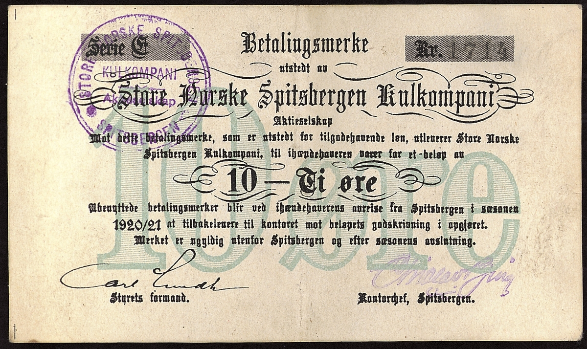 Betalingsmerke utstedt av  Store Norske Spitsbergen Kullkompani.
