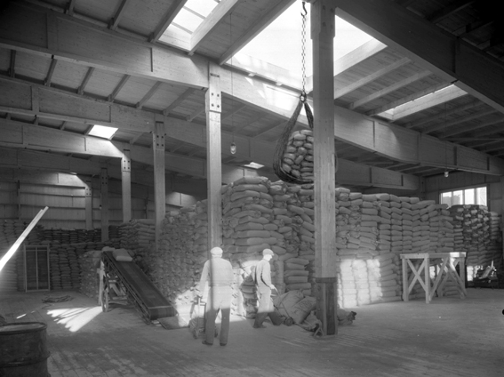 Magasin i Yttre hamn avsett för gödningsmedel på en bild från 1944