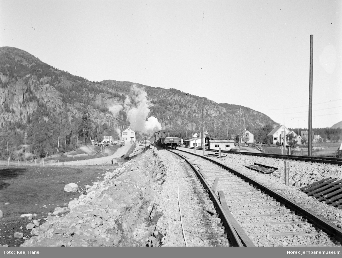 Damplokomotiv med arbeidstog på Sira stasjon