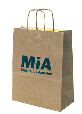 Brun papirpose med hank. Logoen MiA med teksten "Museene i Akershus" er trykket på.