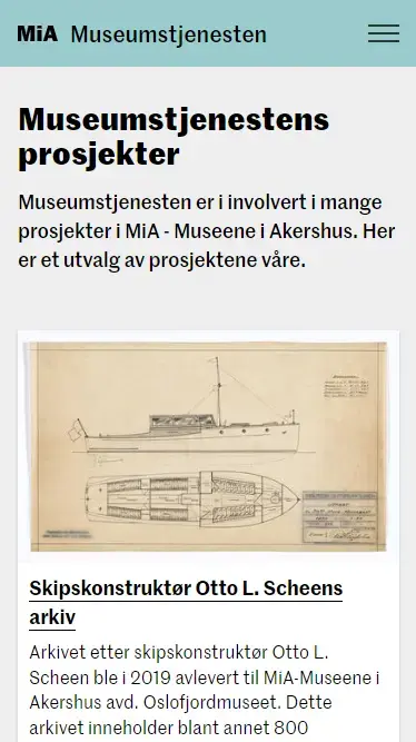 Skjermdump av nettside for Museumstjenestens prosjekter.