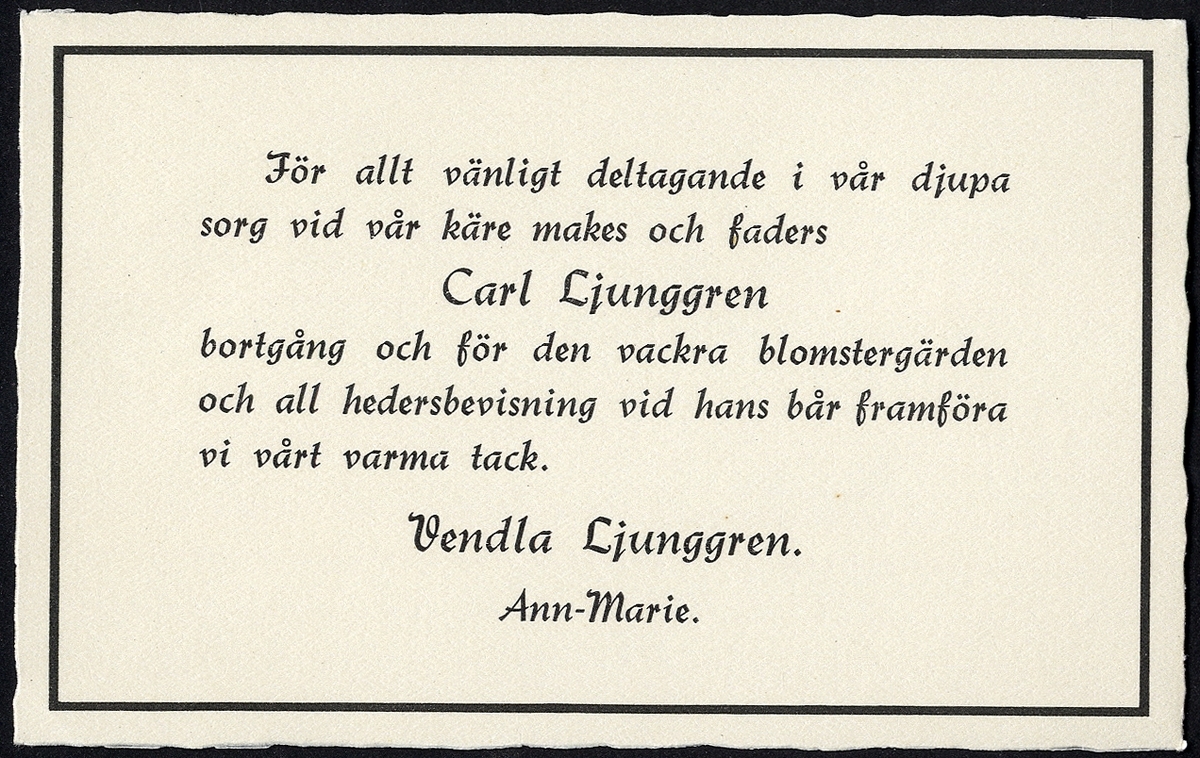 Tryckt tackkort för deltagande i begravningen av Carl Ljunggren, Strömsnäsbruk, 1956.