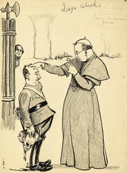 Tegning av Jan Lunde. Paven (antagelig Pius XI) velsigner Fr