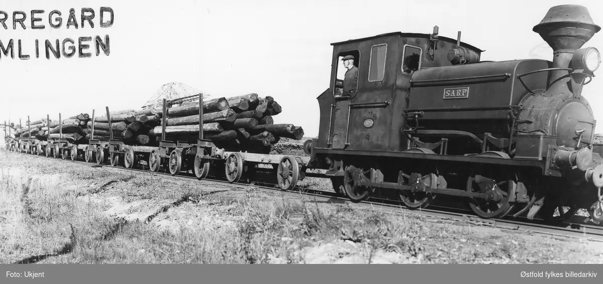 Lokomotivet "Sarp", Borregård, Sarpsborg i 1939, transport av tømmer til sagbruket.