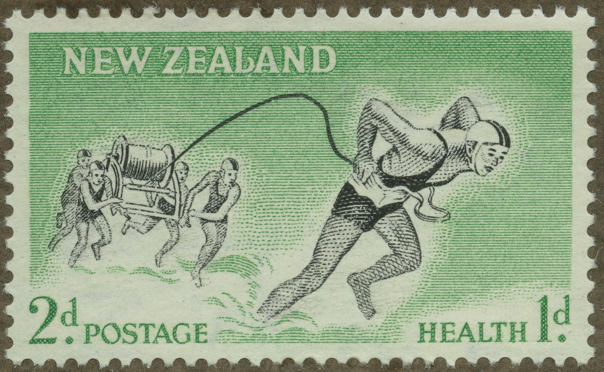 Frimärke ur Gösta Bodmans filatelistiska motivsamling, påbörjad 1950.
Frimärke från New Zealand, 1957. Motiv av Badräddningslina framdrages