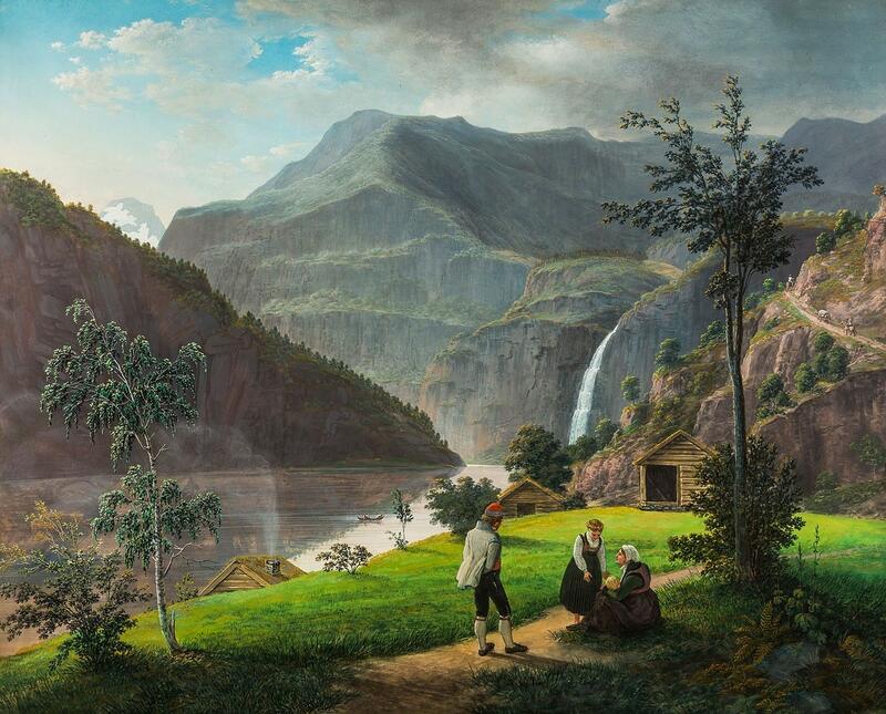 Nasjonalromantisk landskapsmaleri av Johannes Flintoe.
