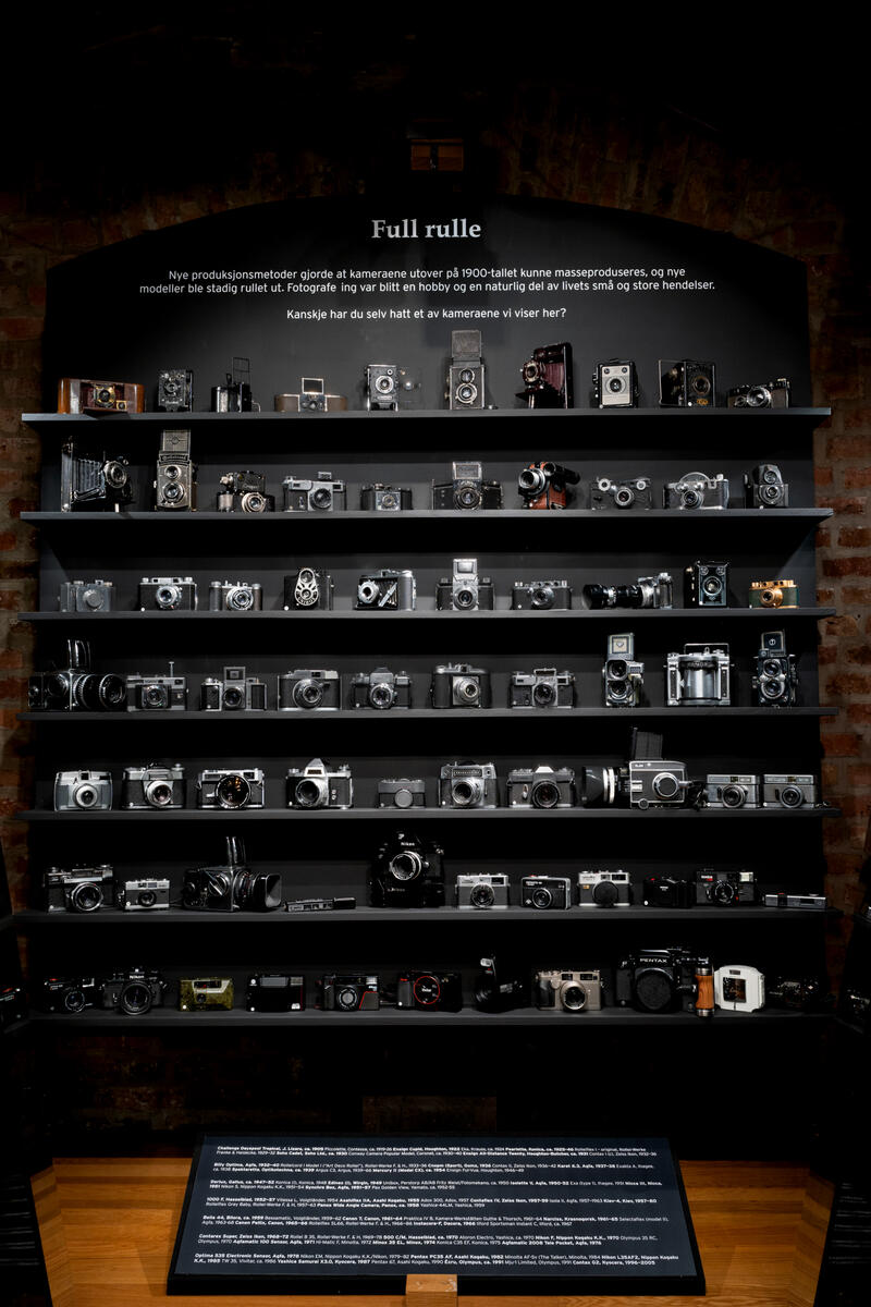 A wall of shelves filled with cameras