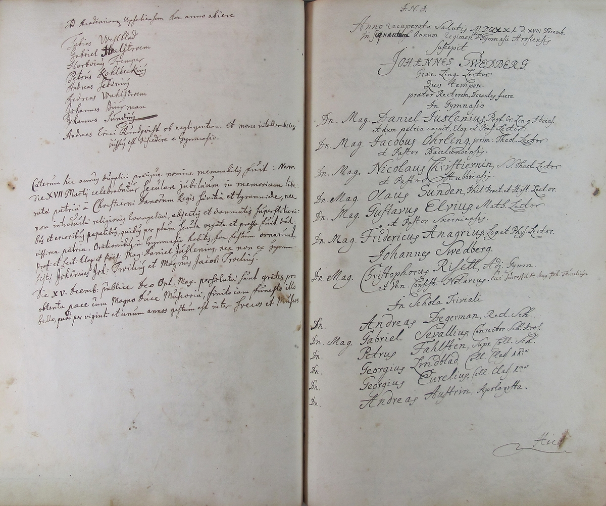 Rudbeckianska skolan i Västerås elevlängd 1720-1729.