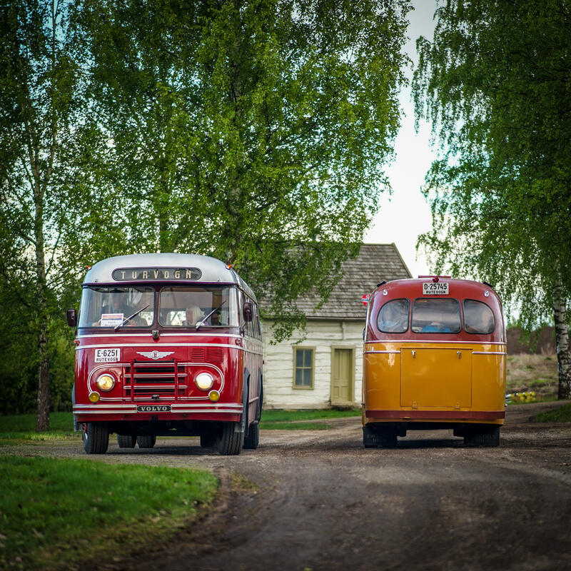 To veteranbusser i friluftsmuseet.