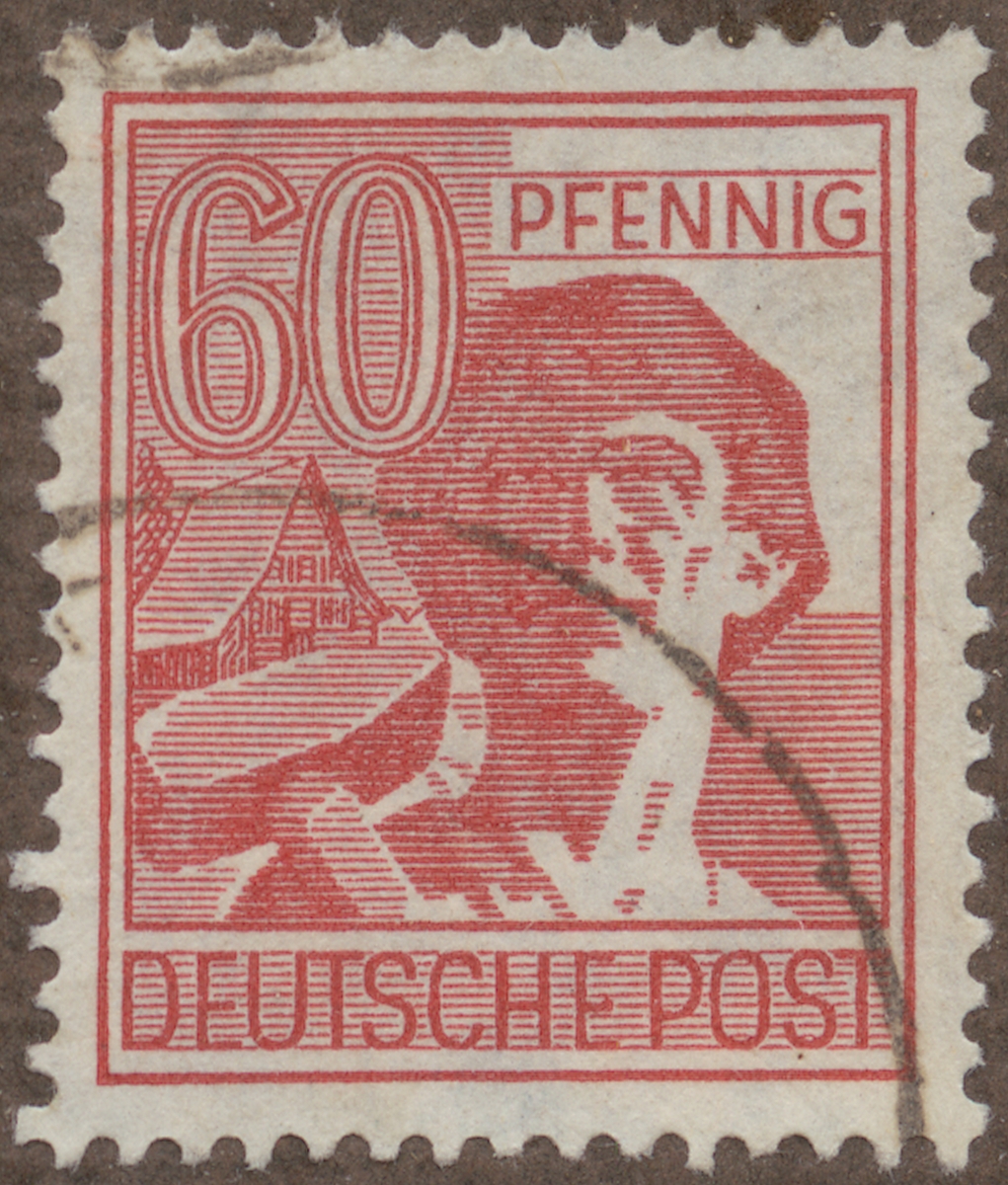 Frimärke ur Gösta Bodmans filatelistiska motivsamling, påbörjad 1950.
Frimärke från Tyskland, 1947. Motiv av Tysk gruvarbetare