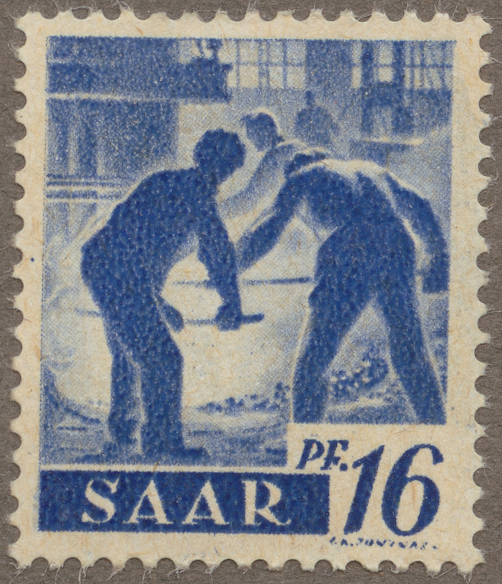 Frimärke ur Gösta Bodmans filatelistiska motivsamling, påbörjad 1950.
Frimärke från Saar,1947. Motiv av Gjuteriarbetare i Saar.