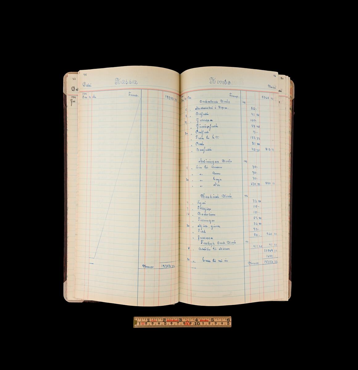 Kassabok från lanthandeln Häglund vid Isums station i Atlingbo. Brunmönstrad pärm med blågrå tygrygg. Sidornas kanter är marmorerade. På bokens framsida en fastklistrad etikett utan påskrift. Anteckningarna i boken sträcker sig från 1944-1945.