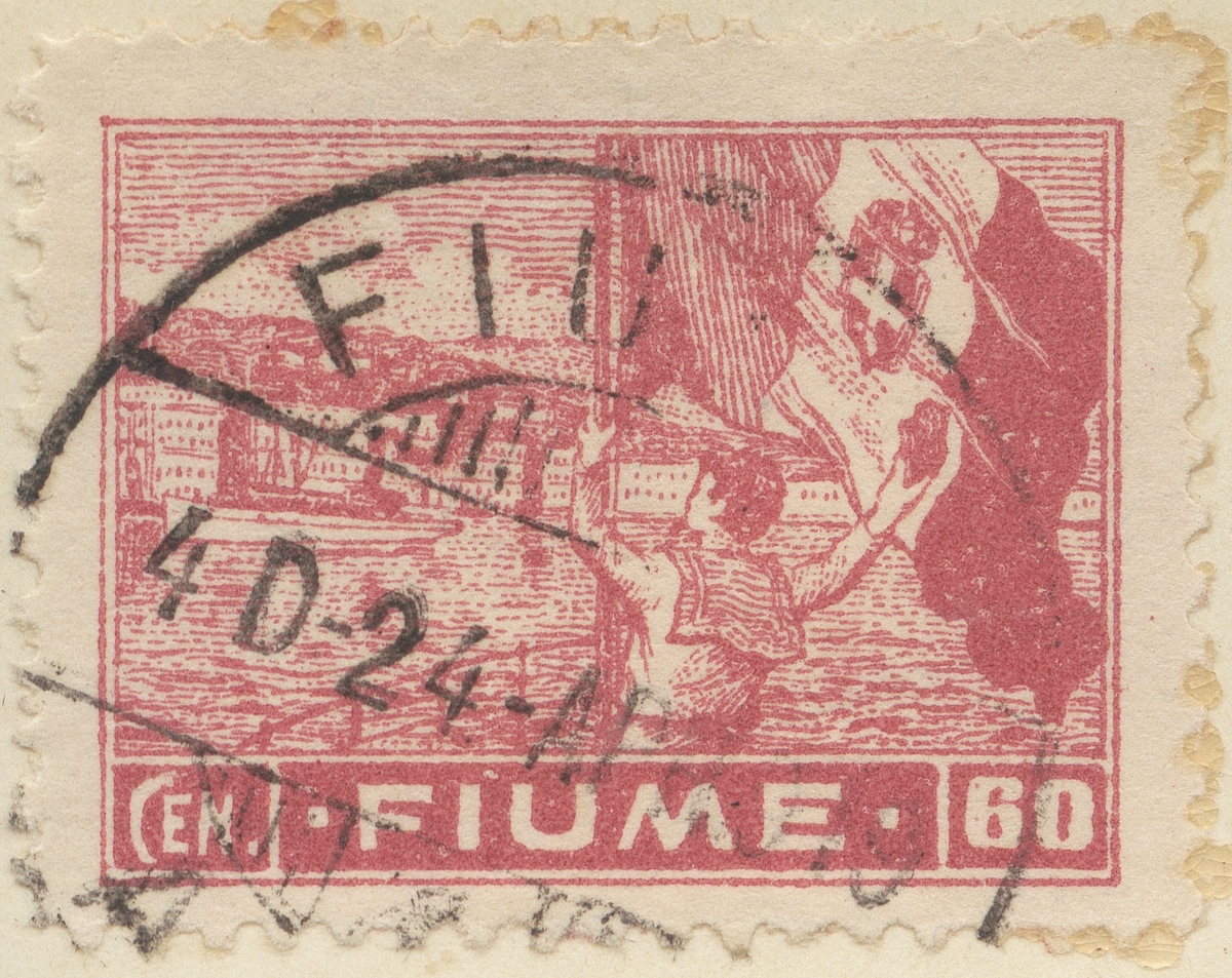 Frimärke ur Gösta Bodmans filatelistiska motivsamling, påbörjad 1950.
Frimärke från Fiume, 1919. Motiv av Italiens flagga på skepp i Fiumes Hamn 1918.