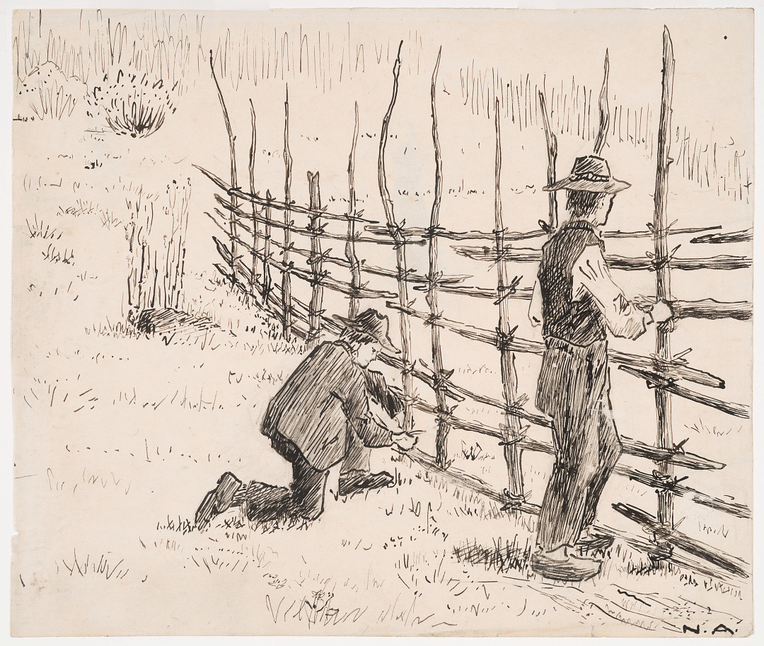 En knelende og en stående mann arbeider med en hesje til å tørke gress på