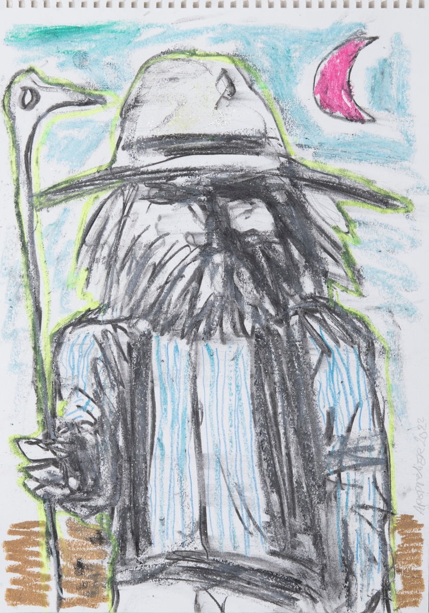 Konstnären har avbildat sig rakt framifrån med hatt, väst, randig skjorta och skägg som döljer delar av ansiktet. I höger hand(vänster del av bilden) håller han en vandringsstav med fågelformat huvud. Till höger om honom en rosa månskära.