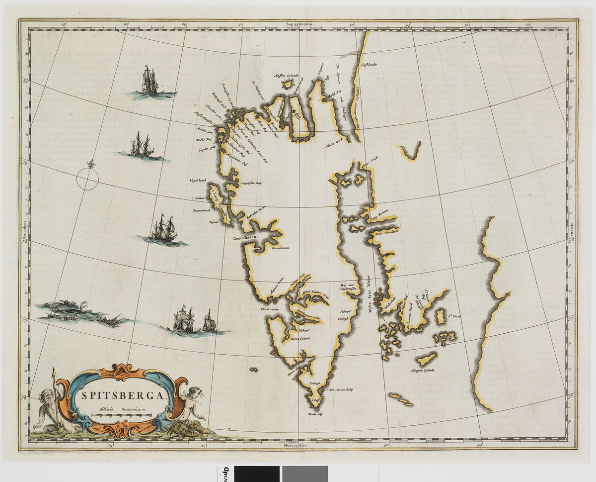 Kart over Spitsbergen. Baksidetekst på latin.