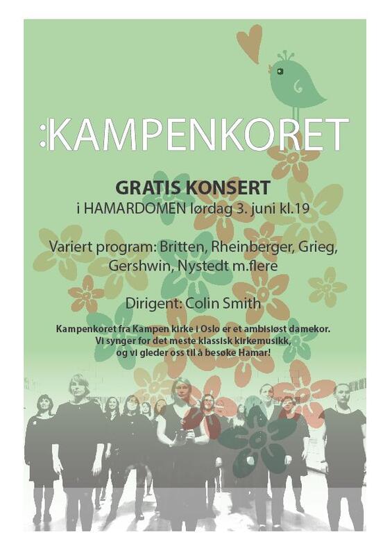 Lysegrønn plakat med blomster og en fugl, og silhuettbilde av Kampenkoret nederst. Teksten på plakaten opplyser om gratis konsert i Hamardomen 3. juni kl. 19.
