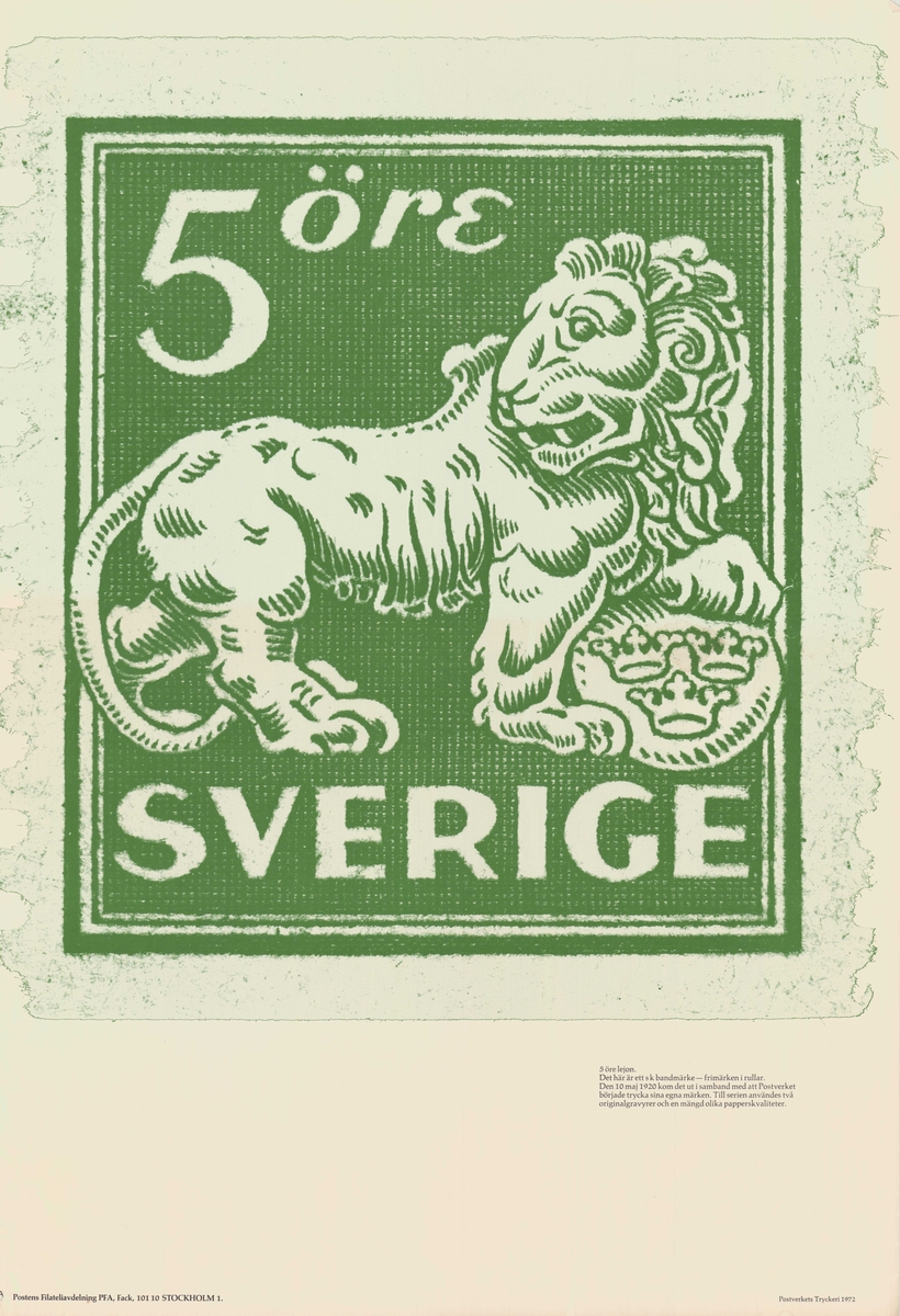 Affisch. Bild på grönt fem öre rullmärke. Motiv på frimärke är ett stående lejon på riksvapnet tre kronor.