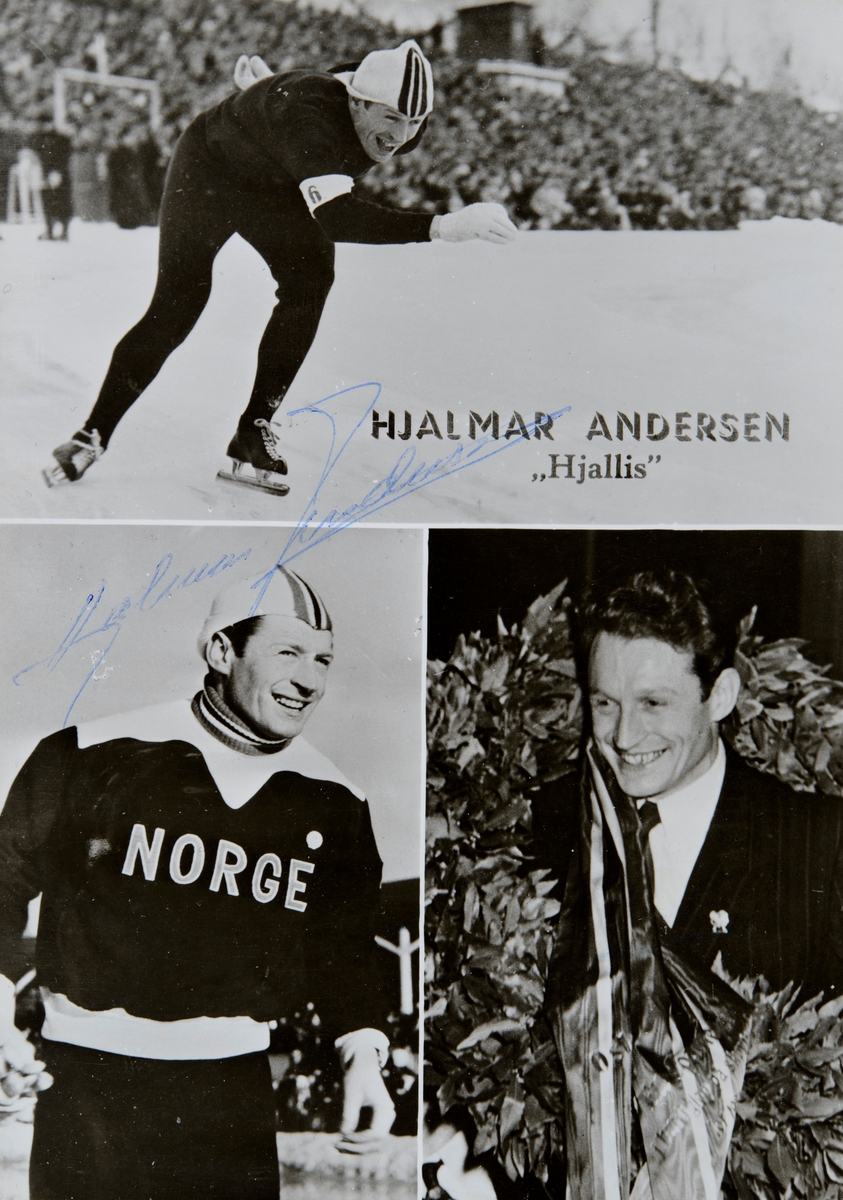 Postkort, Bislett Stadion, 3-delt kort med skøyteløper Hjalmar Hjallis Andersen, landslagstrikot, djevellue, laubærkrans,