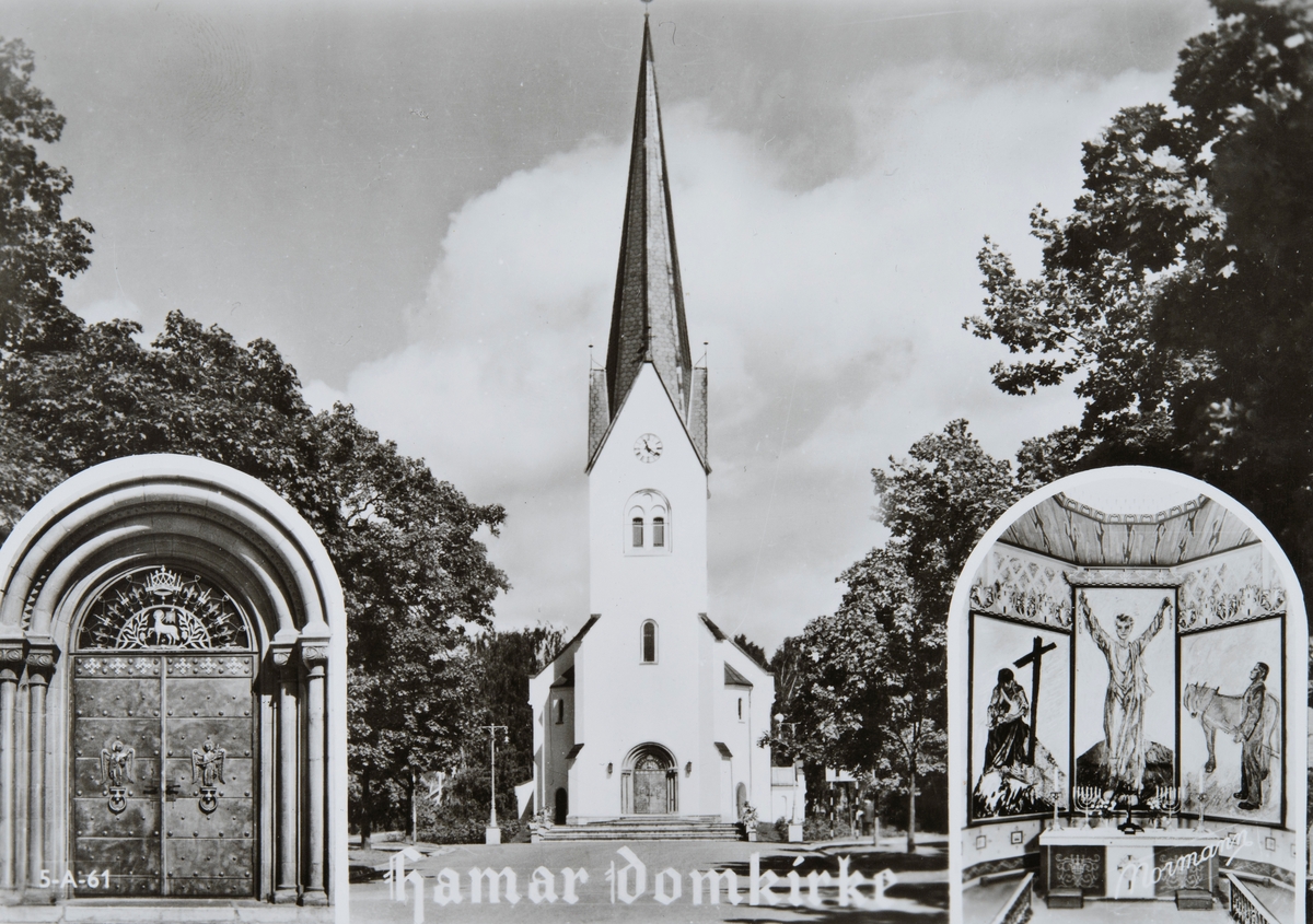 Postkort, Hamar domkirke, 3-delt kort, ekstreriør, hoveddør, altertavle,