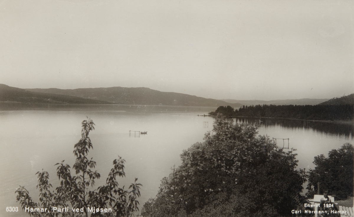 Postkort, Hamar, Domkirkeodden, utsikt over Rosenlundvika mot Martodden sett fra Kastellhaugen,