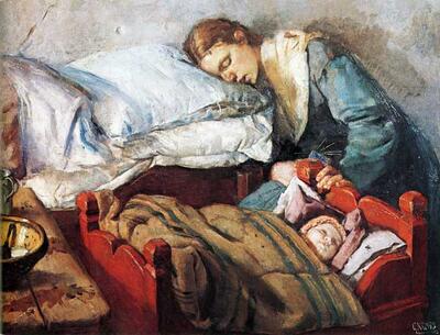 Maleriet "Sovende mor med barn", av Christian Krogh (1883)