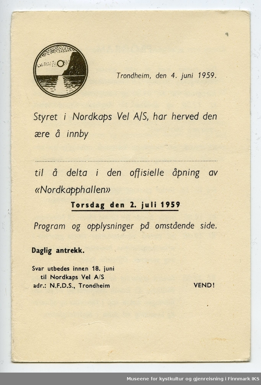 Invitasjon til åpningen av den første Nordkapphallen, med program og kart over deler av Finnmark. 02.07.1959.