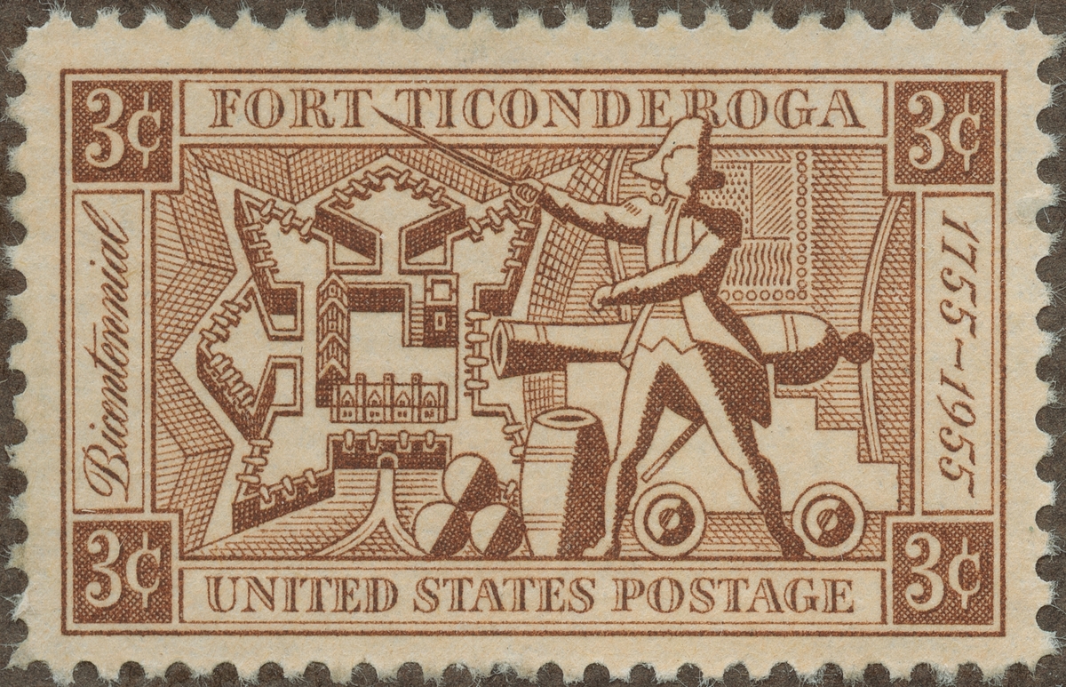 Frimärke ur Gösta Bodmans filatelistiska motivsamling, påbörjad 1950.
Frimärke från U.S.A., 1955. Motiv av Fästningen Ticonderoga 200-årsminne 1755-1955
