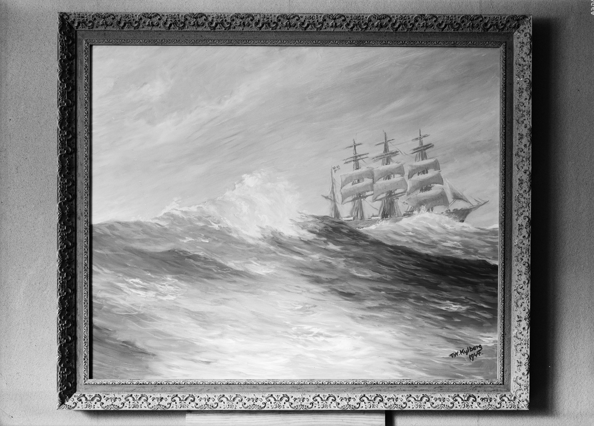 Oljemålning föreställande ett skepp på stormigt hav