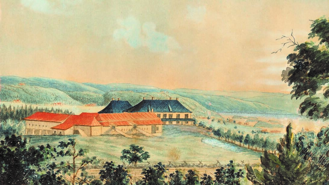 Et akvarellmaleri av hovedbygningen og låven på Linderud gård sett fra nord. Bildet er malt av S.O. Wolff i 1825.