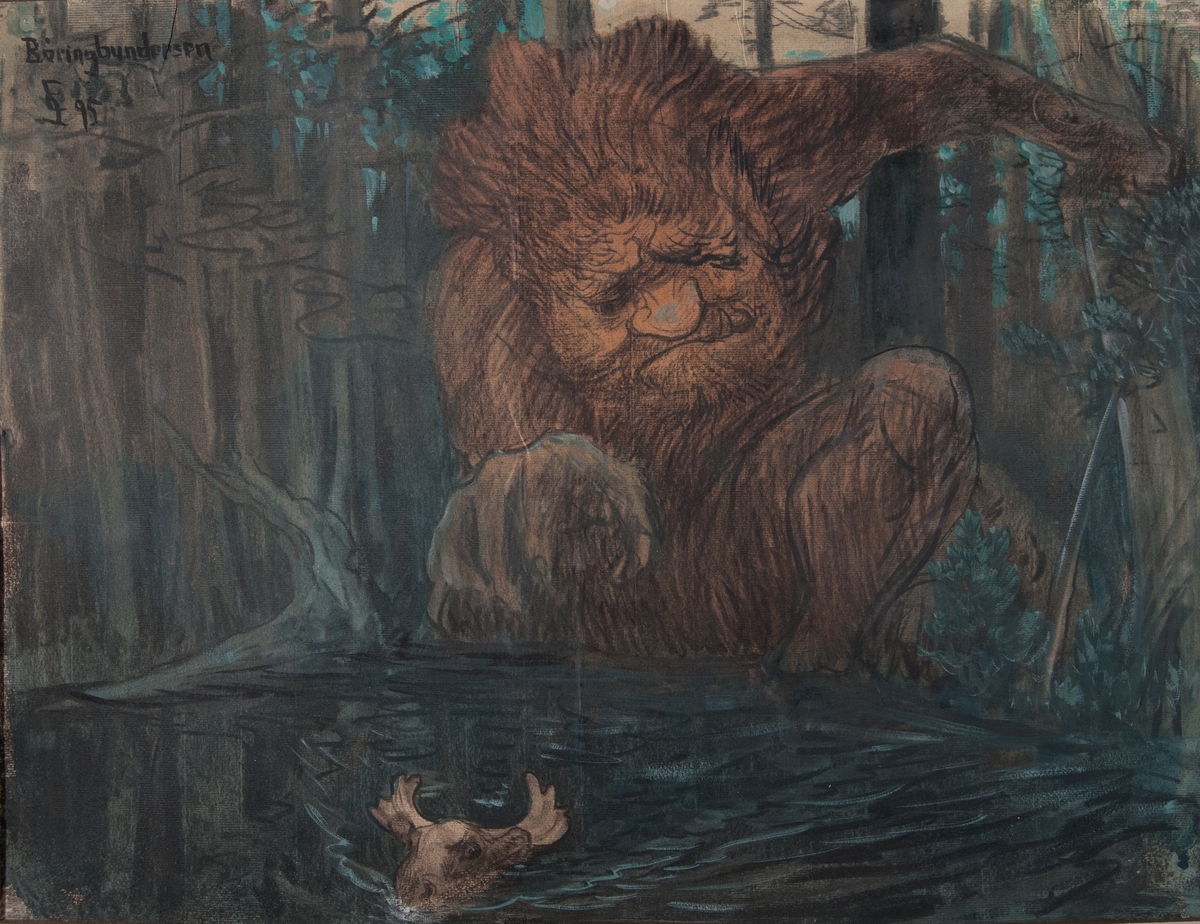 Skogtjern med svømmende elg. Gråbrunt troll i bakgrunnen."Børing Gundersen"-motiv fra Valdresvisa.