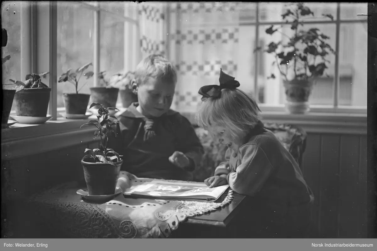 To barn sitter ved bord i stue og kikker i bok. Blomst i potte stående på bordet. Blomster i vinduskarmene rundt.