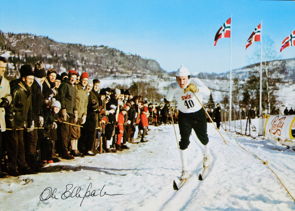 Postkort, Ringsaker, skiløper Ole Ellefsæter fra Nybygda i Furnes, under NM femmila i Bærum 1967,