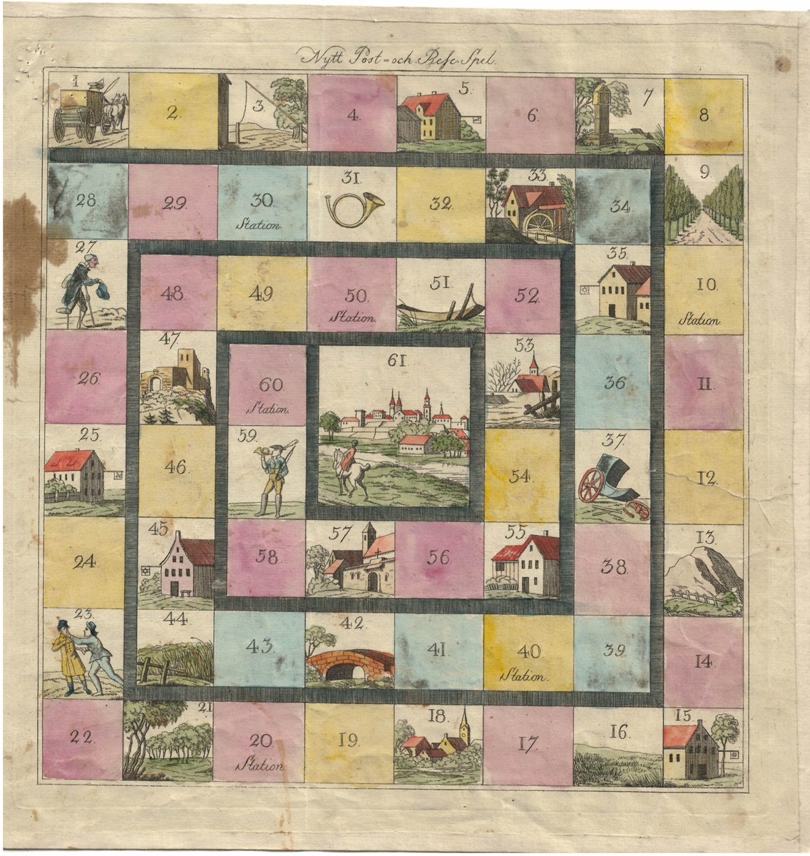 Spelplan, spelregler och pappask med marker av papp till "Nytt Post- och Resespel av 1821".

Två tärningar behövs för att spela, finns ej i lådan.