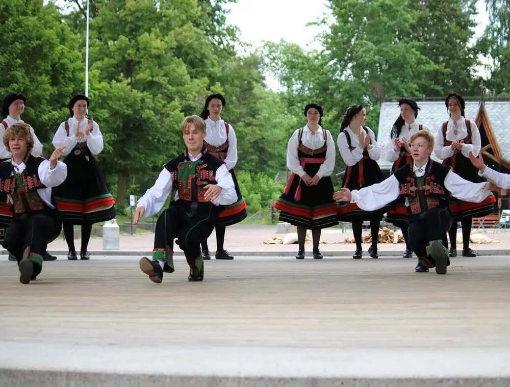 Ungdommer i bunad danser folkedans