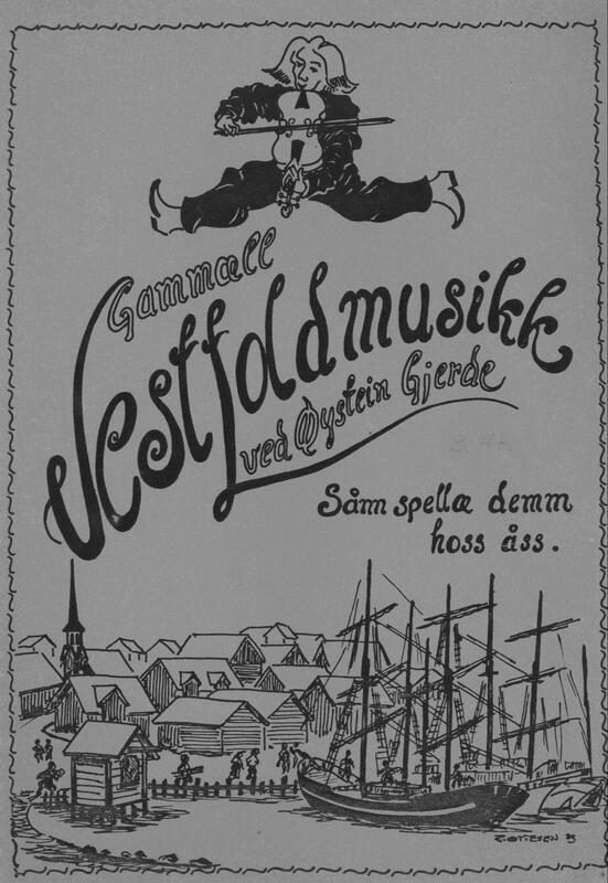 Tegnet illustrasjon av en smilende mann som  spiller fele mens han hopper splitthopp over ordene "Gammæl folkemusikk ved Øystein Gjerde" og "Sånn sellæ demm hoss åss".